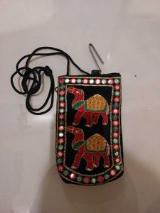Embroidered Camel Pouch with Mirror Work