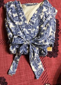 Boho Blue & White Print Wrap Top