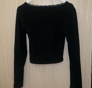 Black Lace Trim Long Sleeve Top