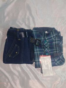 Boys Plaid Shirt and Denim Jeans Set with belt