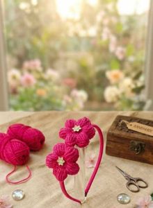 Handmade Red Crochet Flower Hairband with White Pe