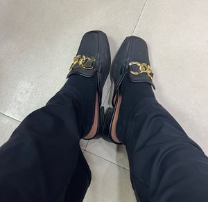 Black Mules with Gold Detail