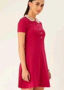 Cute Maroon Dress with Embroidered Lace Collar