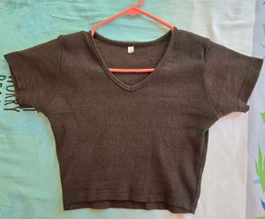 Brown Ribbed V-Neck Cropped Top