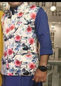 Men's Floral jacket with plain blue kurta pjama