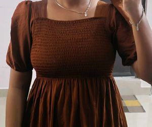Brown Smocked Square Neck Dress