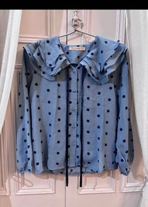 Chic Blue Polka Dot Ruffle Blouse