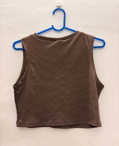 Brown Ribbed Crop Tank Top