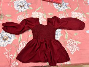 Burgundy Smocked Puff Sleeve Top