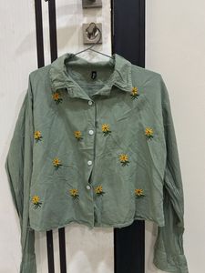 Green Embroidered Cropped Shirt
