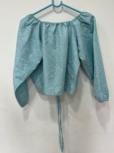 Blue Floral Ruched V-Neck Long Sleeve Top