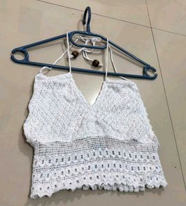💝White Crochet Crop Halter Top D
