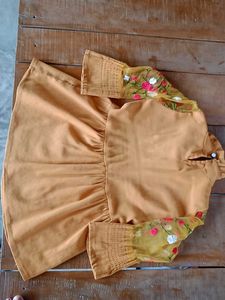 Mustard yellow girls frock top with floral net sle