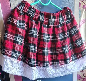 Red Plaid Mini Skirt with Lace Trim