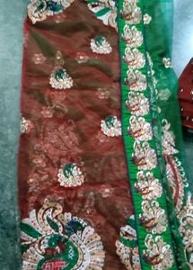 Red Saree with Peacock Motif