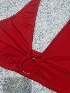 Red Halter Neck Ring Detail Top