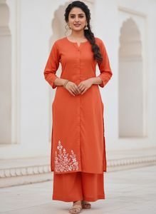 Orange Kurta Set with White Embroidery
