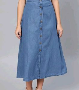Blue Denim Button-Front Midi Skirt