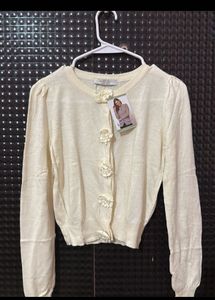 Cream Cropped Cardigan with Flower Buttons