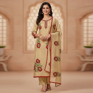 Beige Kurta with Red & Green Floral Embroidery