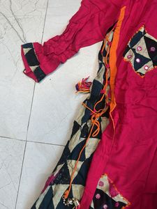 Vibrant Pink Kurta Set with Geometric Print Skirt