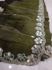 Elegant Olive Green Embroidered Saree