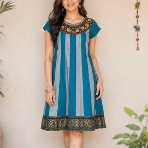 Embroidered Teal Striped Kurta