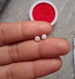 pure silver Elegant Pearl Stud &amp; Hook Earring Set