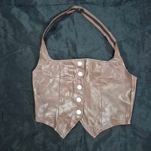 Brown Faux Leather Corset Top halter neck