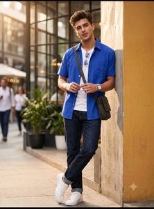 Men's Blue Short Sleeve Casual Shirt