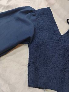 Navy Blue Smocked Puff Sleeve Crop Top