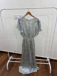 Abstract Silver Print Flutter Sleeve Midi Dress