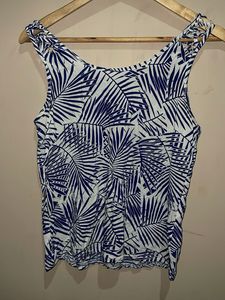 Blue & White Tropical Leaf Print Tank Top