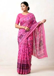 Pink Printed Saree with FREE Cotton Towel |