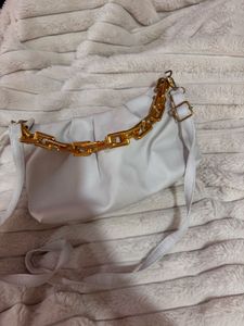 Chic White Handbag with Gold Chain