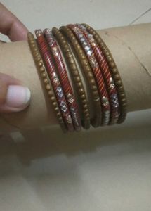 Lakh Mustard &amp; Maroon Mirror Work Set of Bangles
