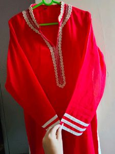Vibrant Red Kurta with Elegant Neckline