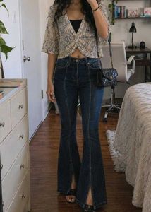 Dark Blue Split-Hem Flare Jeans