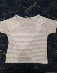Textured Pink and White V-Neck Top