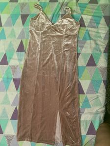 Pink Velvet Midi Dress with Slit
