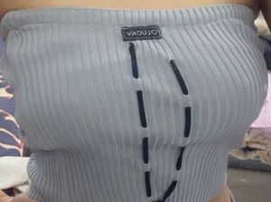Grey Ribbed Tube Top with Lace-Up Detail