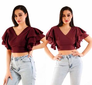 Maroon Ruffle Sleeve Crop Top