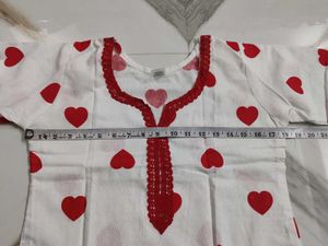 White Kurta Set with Red Hearts