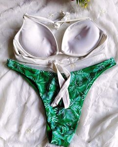White &amp; Green Leaf Print Bikini set