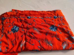 Red Orange Saree With Blue Flower Embroidery