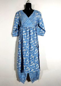 Blue With White Floral Print Kurta Set (Women's)