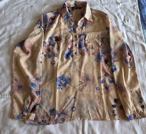 Sheer Floral Print Button-Up Shirt