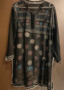 Women's Black Embroidery Lucnowi Kurti
