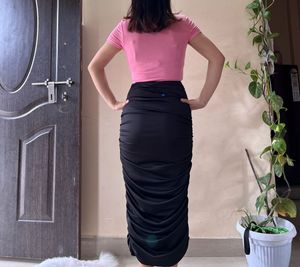 Black Ruched Midi Skirt