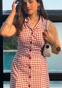Red Gingham Button-Up Mini Dress